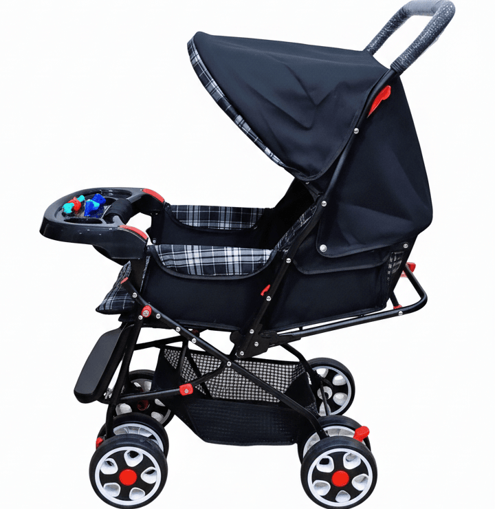 Premium Foldable Baby Stroller with Adjustable Canopy, Front Tray with Toys, Comfortable Cushioned Seat, Red Accent Wheels & Large Storage Basket – Safe and Easy-to-Use Baby Pram for Travel and Daily Use